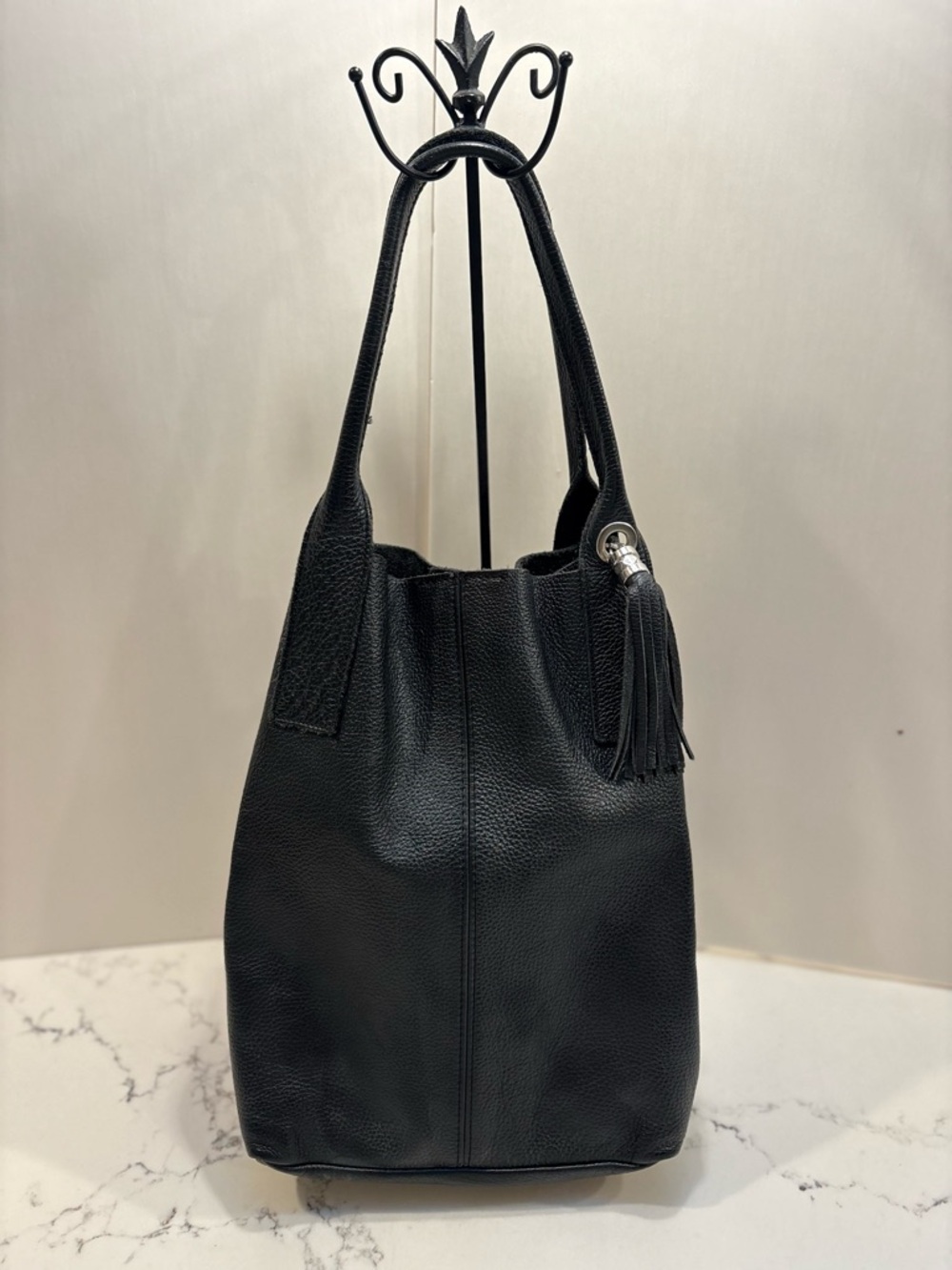 Borse in Pelle Black Italian Leather Tassel Bucket Shoulder Bag w/ Change Purse